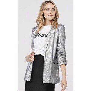David Lerner Hailey Oversized Blazer Jacket Ruched‎ Sleeves Silver Sequin Size S
